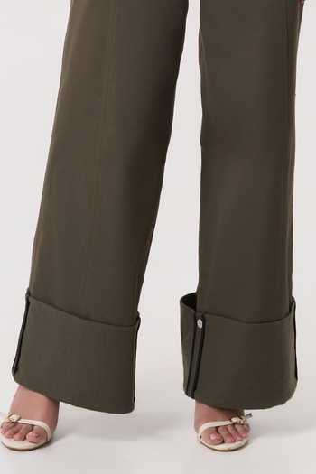 Shop_Line Out Line_Olive Green Twill Mosaic Belt Cuffed Pant _Online_at_Aza_Fashions