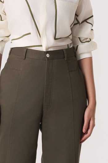Line Out Line_Olive Green Twill Mosaic Belt Cuffed Pant _at_Aza_Fashions