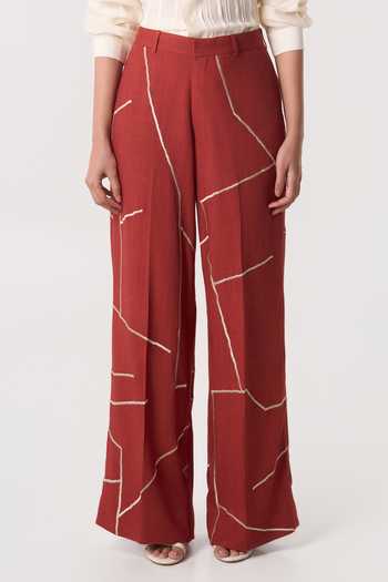 Buy_Line Out Line_Orange Linen Gridbreak Trouser _Online_at_Aza_Fashions