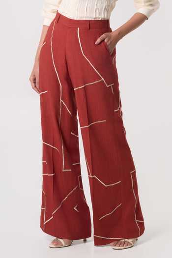 Shop_Line Out Line_Orange Linen Gridbreak Trouser _Online_at_Aza_Fashions