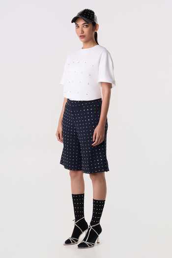 Line Out Line_Blue Suiting, Denim Rivetline Bead Work Shorts _Online_at_Aza_Fashions