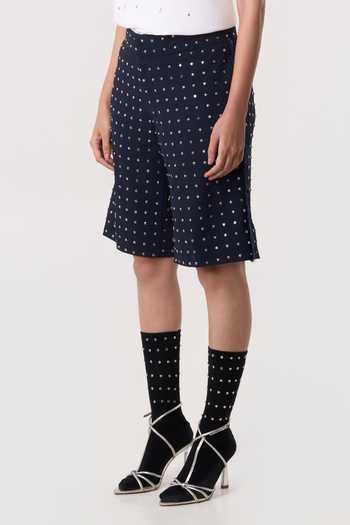 Shop_Line Out Line_Blue Suiting, Denim Rivetline Bead Work Shorts _Online_at_Aza_Fashions