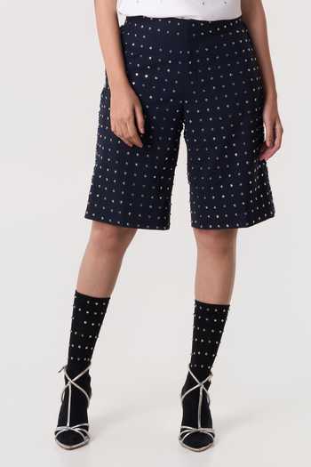 Line Out Line_Blue Suiting, Denim Rivetline Bead Work Shorts _at_Aza_Fashions