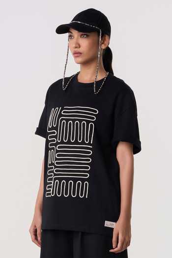 Buy Line Out Line Black Chanderi Round Neck Contour Piping T-shirt Buy_Line Out Line_Black Chanderi Round Neck Contour Piping T-shirt
