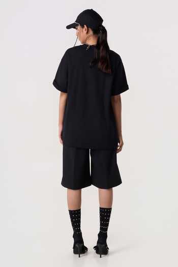 Line Out Line_Black Terrycloth Crew Neck Studpoint Embroidered T-shirt _Online_at_Aza_Fashions