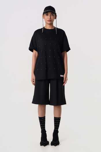 Buy_Line Out Line_Black Terrycloth Crew Neck Studpoint Embroidered T-shirt _Online_at_Aza_Fashions