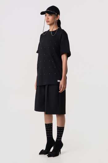 Shop_Line Out Line_Black Terrycloth Crew Neck Studpoint Embroidered T-shirt _Online_at_Aza_Fashions