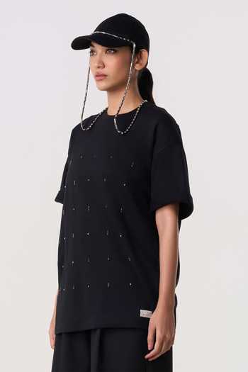 Line Out Line_Black Terrycloth Crew Neck Studpoint Embroidered T-shirt _at_Aza_Fashions