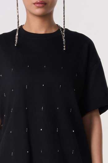 Buy_Line Out Line_Black Terrycloth Crew Neck Studpoint Embroidered T-shirt 