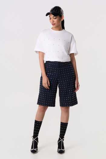 Buy_Line Out Line_White Terrycloth Crew Neck Studpoint Placement Embroidered T-shirt _Online_at_Aza_Fashions