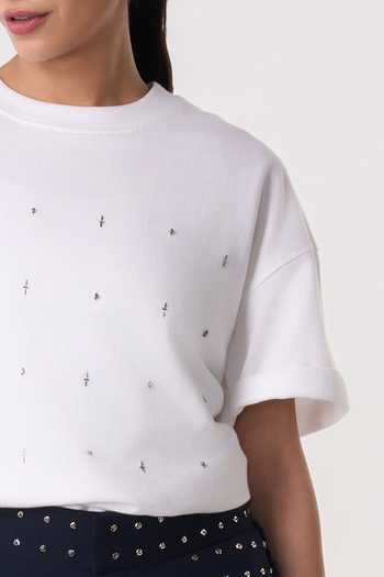 Line Out Line_White Terrycloth Crew Neck Studpoint Placement Embroidered T-shirt _at_Aza_Fashions