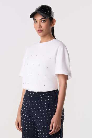 Buy_Line Out Line_White Terrycloth Crew Neck Studpoint Placement Embroidered T-shirt 