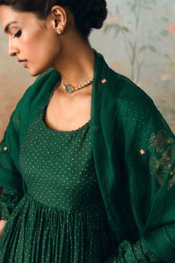 Paulmi And Harsh Green Silk, Cotton, Organza Scoop Neck Henna Polka Dot Print Anarkali Set Online at Aza Fashions Paulmi And Harsh_Green Silk, Cotton, Organza Scoop Neck Henna Polka Dot Print Anarkali Set _Online_at_Aza_Fashions