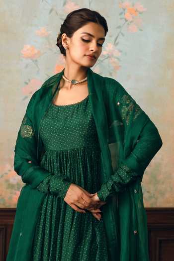 Buy Paulmi And Harsh Green Silk, Cotton, Organza Scoop Neck Henna Polka Dot Print Anarkali Set Online at Aza Fashions Buy_Paulmi And Harsh_Green Silk, Cotton, Organza Scoop Neck Henna Polka Dot Print Anarkali Set _Online_at_Aza_Fashions