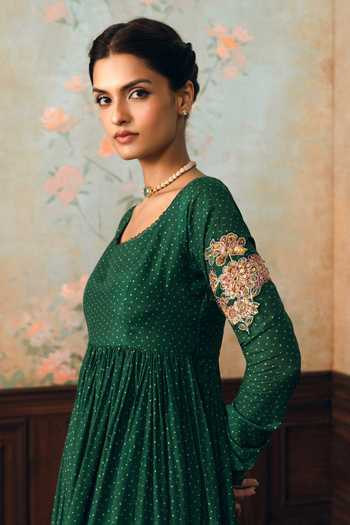 Paulmi And Harsh Green Silk, Cotton, Organza Scoop Neck Henna Polka Dot Print Anarkali Set at Aza Fashions Paulmi And Harsh_Green Silk, Cotton, Organza Scoop Neck Henna Polka Dot Print Anarkali Set _at_Aza_Fashions