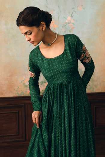Buy Paulmi And Harsh Green Silk, Cotton, Organza Scoop Neck Henna Polka Dot Print Anarkali Set Buy_Paulmi And Harsh_Green Silk, Cotton, Organza Scoop Neck Henna Polka Dot Print Anarkali Set