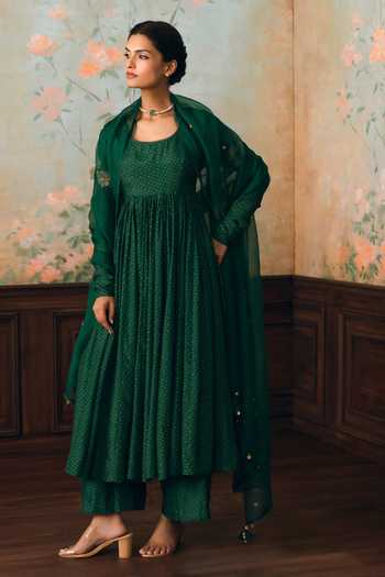 Buy_Paulmi And Harsh_Green Silk, Cotton Scoop Neck Henna Anarkali And Pant Set _Online_at_Aza_Fashions