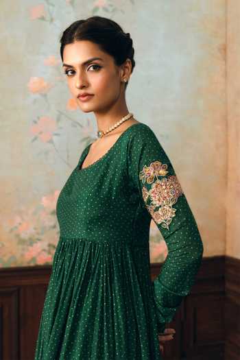 Shop_Paulmi And Harsh_Green Silk, Cotton Scoop Neck Henna Anarkali And Pant Set _Online_at_Aza_Fashions
