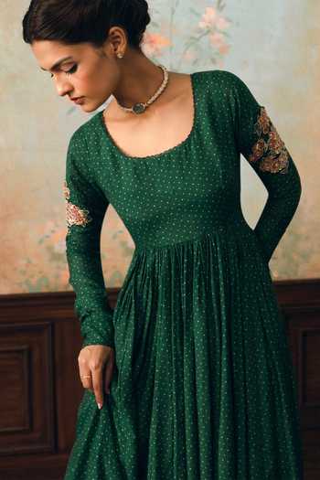 Paulmi And Harsh_Green Silk, Cotton Scoop Neck Henna Anarkali And Pant Set _at_Aza_Fashions
