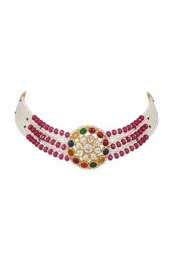 Sica Jewellery Red Moissanite Polki Navratna Choker Online at Aza Fashions Sica Jewellery_Red Moissanite Polki Navratna Choker _Online_at_Aza_Fashions