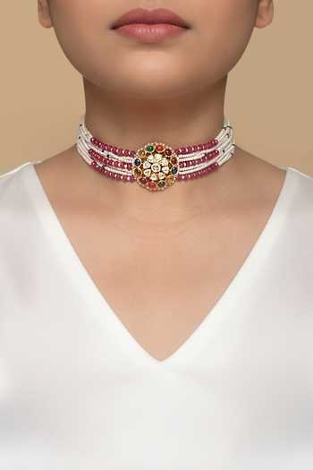 Buy Sica Jewellery Red Moissanite Polki Navratna Choker Online at Aza Fashions Buy_Sica Jewellery_Red Moissanite Polki Navratna Choker _Online_at_Aza_Fashions