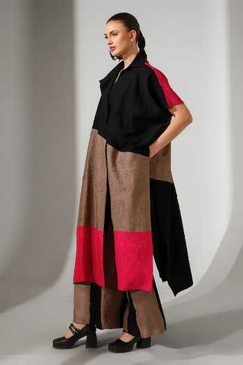Stoique_Brown Silk Collared Neck, Yes Awaken Crushed Oversized Tunic _Online_at_Aza_Fashions