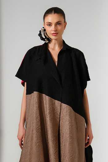 Shop Stoique Brown Silk Collared Neck, Yes Awaken Crushed Oversized Tunic Online at Aza Fashions Shop_Stoique_Brown Silk Collared Neck, Yes Awaken Crushed Oversized Tunic _Online_at_Aza_Fashions