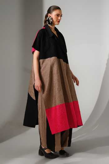 Stoique_Brown Silk Collared Neck, Yes Awaken Crushed Oversized Tunic _at_Aza_Fashions