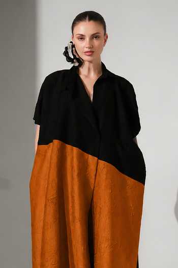 Stoique Black Silk Collared Neck Awaken Crushed Oversized Tunic Online at Aza Fashions Stoique_Black Silk Collared Neck Awaken Crushed Oversized Tunic _Online_at_Aza_Fashions