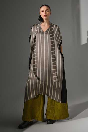 Shop_Stoique_Black Satin V-neck Dawn Ajrakh Oversized Kaftan _Online_at_Aza_Fashions