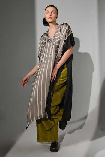 Stoique_Black Satin V-neck Dawn Ajrakh Oversized Kaftan _at_Aza_Fashions