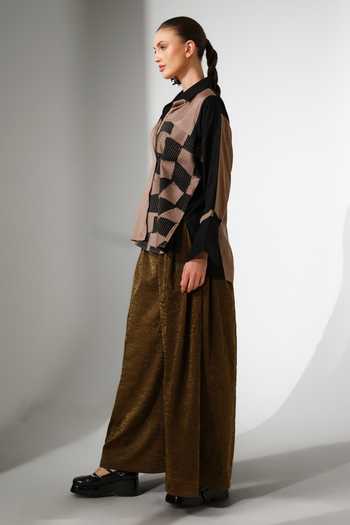 Stoique_Black Silk Collared Neck Dew Patchwork Crushed Shirt _Online_at_Aza_Fashions