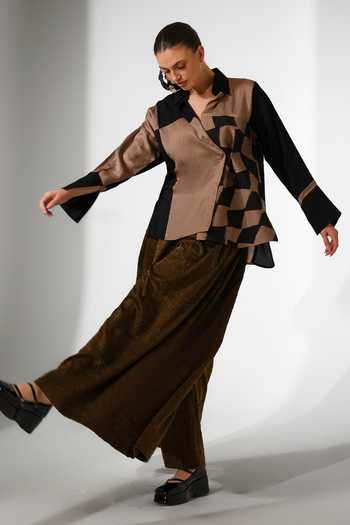 Buy_Stoique_Black Silk Collared Neck Dew Patchwork Crushed Shirt _Online_at_Aza_Fashions