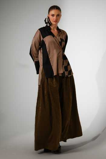 Shop Stoique Black Silk Collared Neck Dew Patchwork Crushed Shirt Online at Aza Fashions Shop_Stoique_Black Silk Collared Neck Dew Patchwork Crushed Shirt _Online_at_Aza_Fashions