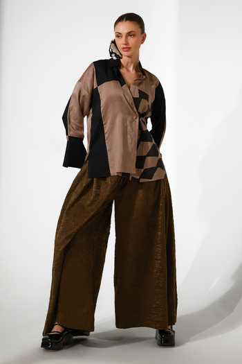 Stoique_Black Silk Collared Neck Dew Patchwork Crushed Shirt _at_Aza_Fashions
