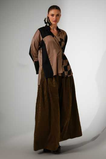 Buy_Stoique_Black Silk Collared Neck Dew Patchwork Crushed Shirt 