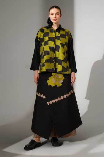 Stoique_Green Silk, Chanderi Collared Neck Drift Patchwork Shirt _Online_at_Aza_Fashions
