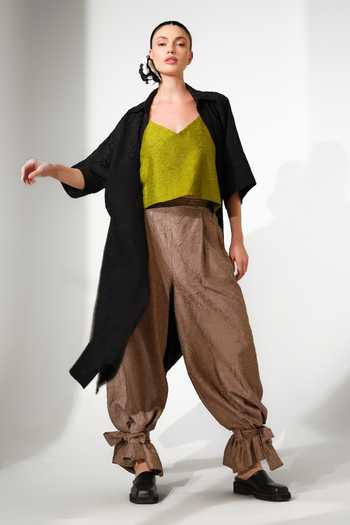 Buy_Stoique_Brown Silk Grain Crushed Draped Pant _Online_at_Aza_Fashions