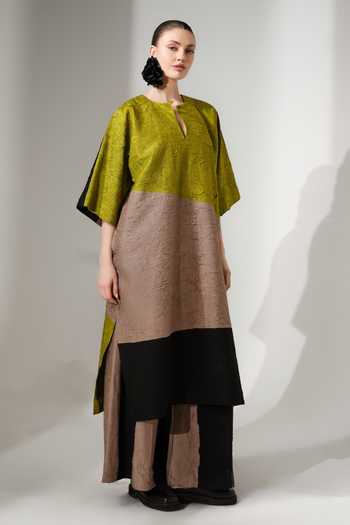 Stoique_Multi Color Silk Keyhole Neck June Block Crushed Tunic _at_Aza_Fashions