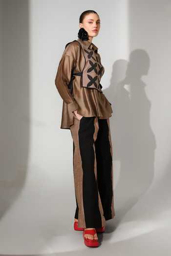 Stoique_Black Silk, Chanderi Collared Neck Pebble Applique Work Gilet And Shirt Set _Online_at_Aza_Fashions