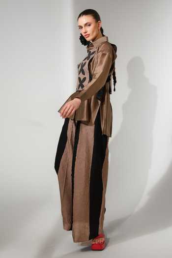 Buy_Stoique_Black Silk, Chanderi Collared Neck Pebble Applique Work Gilet And Shirt Set _Online_at_Aza_Fashions