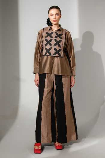 Shop_Stoique_Black Silk, Chanderi Collared Neck Pebble Applique Work Gilet And Shirt Set _Online_at_Aza_Fashions