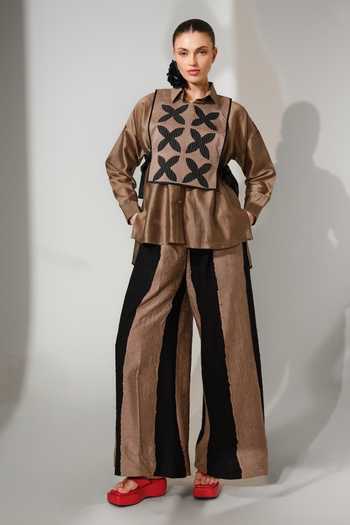 Stoique_Black Silk, Chanderi Collared Neck Pebble Applique Work Gilet And Shirt Set _at_Aza_Fashions