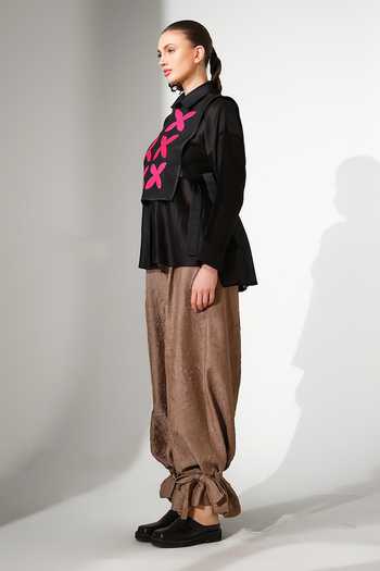 Stoique_Black Silk, Chanderi Collared Neck, Open Pebble Applique Work Gilet And Shirt Set _Online_at_Aza_Fashions