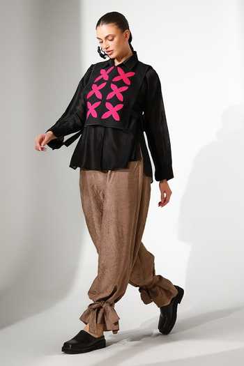 Shop_Stoique_Black Silk, Chanderi Collared Neck, Open Pebble Applique Work Gilet And Shirt Set _Online_at_Aza_Fashions