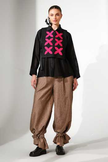 Stoique_Black Silk, Chanderi Collared Neck, Open Pebble Applique Work Gilet And Shirt Set _at_Aza_Fashions
