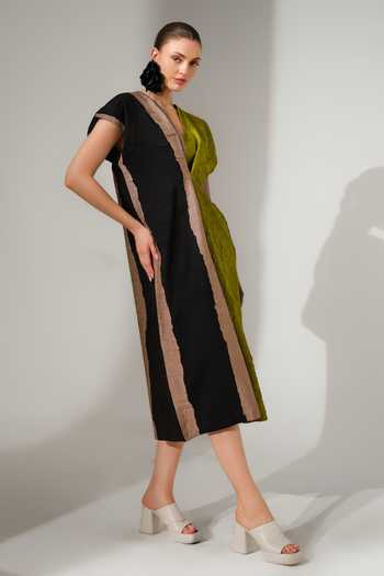 Stoique_Multi Color Silk Square Neck Ripple Crushed Block Dress _Online_at_Aza_Fashions