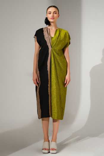 Buy_Stoique_Multi Color Silk Square Neck Ripple Crushed Block Dress _Online_at_Aza_Fashions