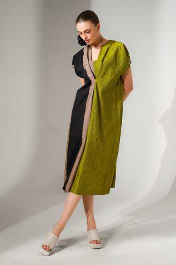 Shop_Stoique_Multi Color Silk Square Neck Ripple Crushed Block Dress _Online_at_Aza_Fashions