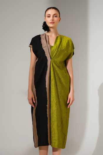 Stoique Multi Color Silk Square Neck Ripple Crushed Block Dress at Aza Fashions Stoique_Multi Color Silk Square Neck Ripple Crushed Block Dress _at_Aza_Fashions